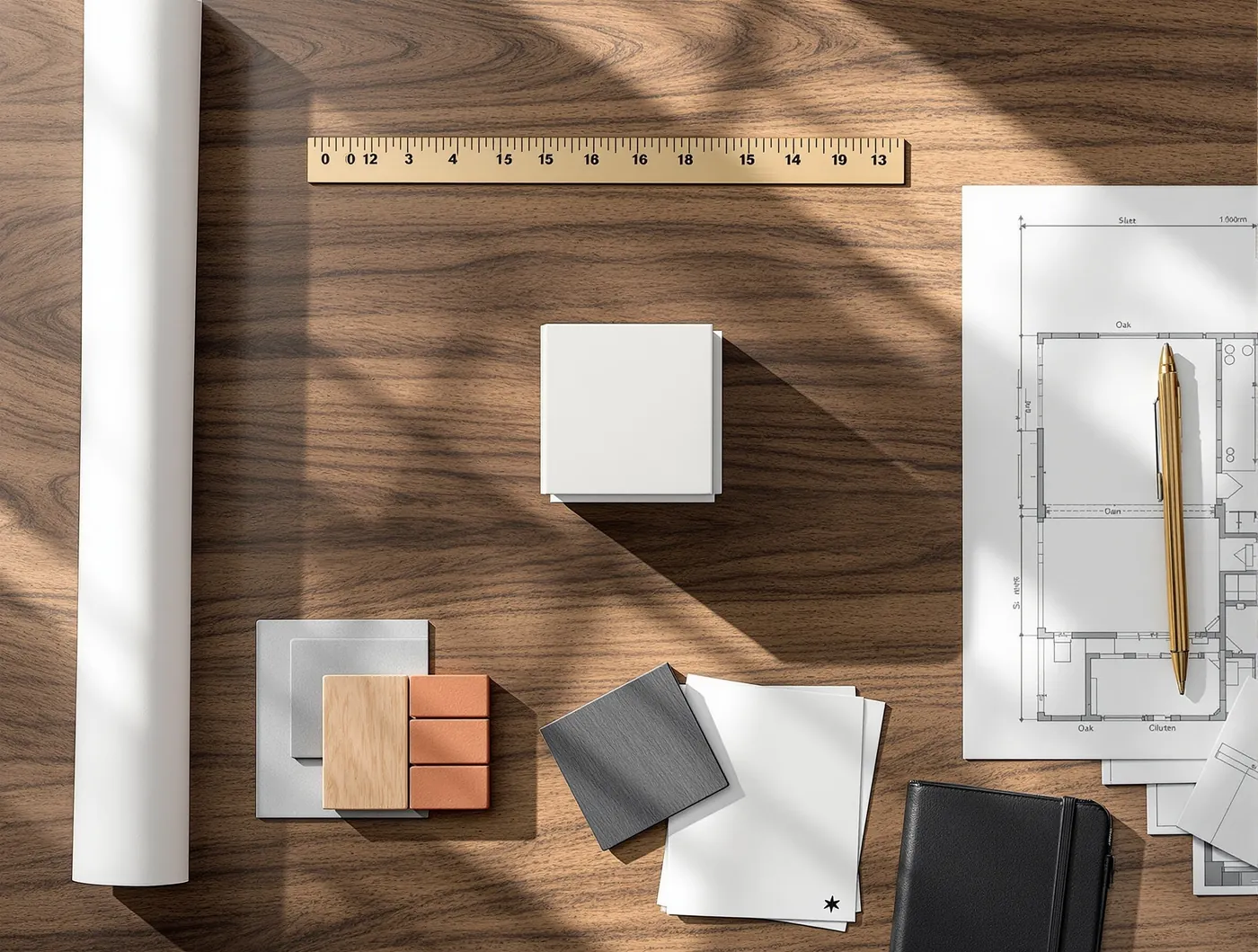 Overhead flat-lay of an architectural model, blueprint, ruler, and material samples on a walnut desk