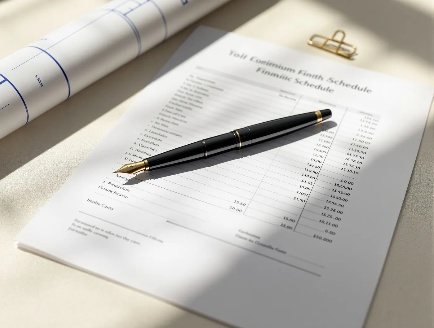 Close-up of a financial schedule document with a black fountain pen, blueprint corner, and brass paperclip on cream linen