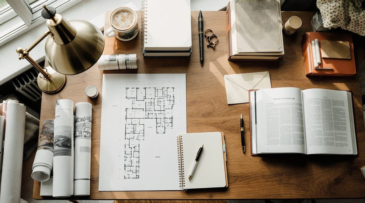 Architectural drawings and reference books on a desk